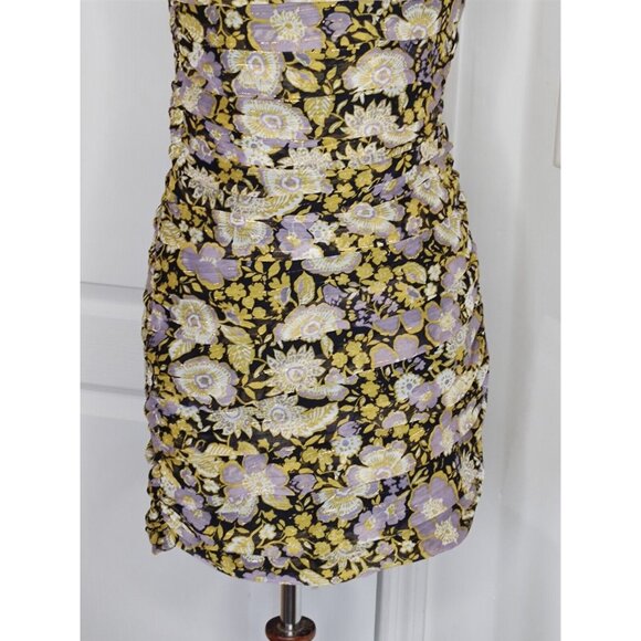 ZARA One Shoulder Mini Dress Draped  Floral Yellow Metallic Cocktail - Picture 5 of 11